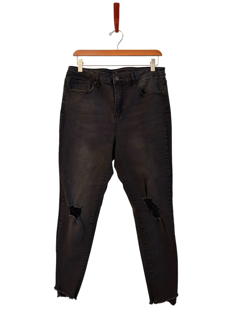 Mid-Rise Black Skinny Jeans with Knee Rips Size 12